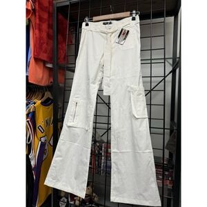 Vintage Y2K NWT Nina Fiesta White Belted Low Rise Cargo Flare Pants Size 3